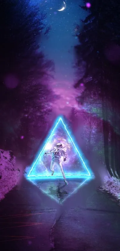 Astronaut in neon triangle on forest path.