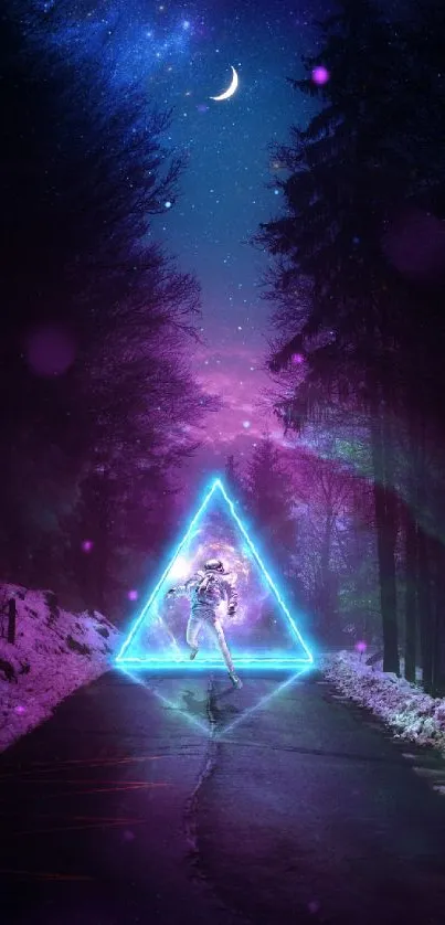 Futuristic neon triangle on starry dark purple sky wallpaper.