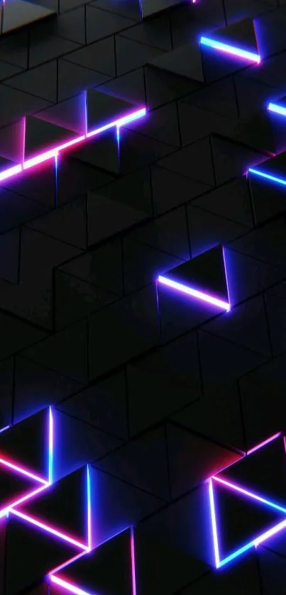 Neon triangles on a dark geometric background.