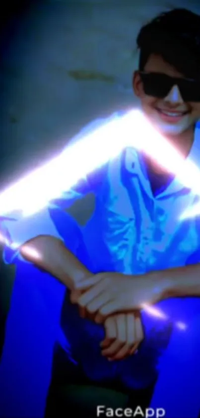 A person with a neon triangle glow on a stylish blue background.