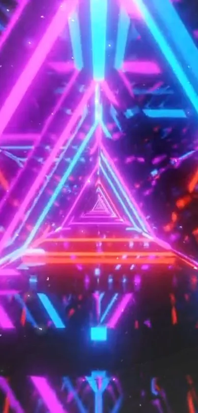 Neon triangle light tunnel with vibrant colors.