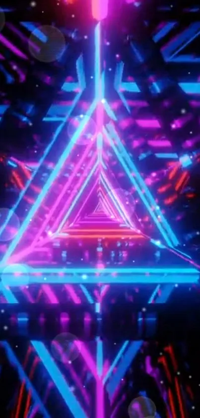 Neon triangle light tunnel with vibrant blue and pink hues.