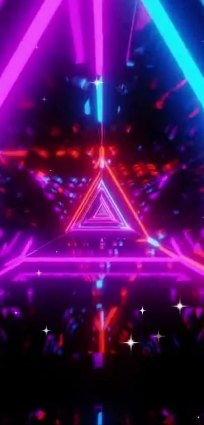 Vibrant neon triangle light wallpaper featuring purple, pink, and blue colors.