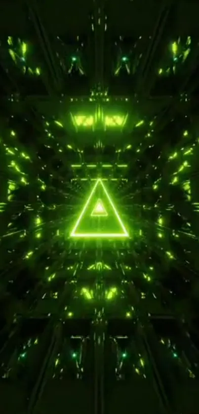 Futuristic neon green triangle in a matrix design mobile wallpaper.