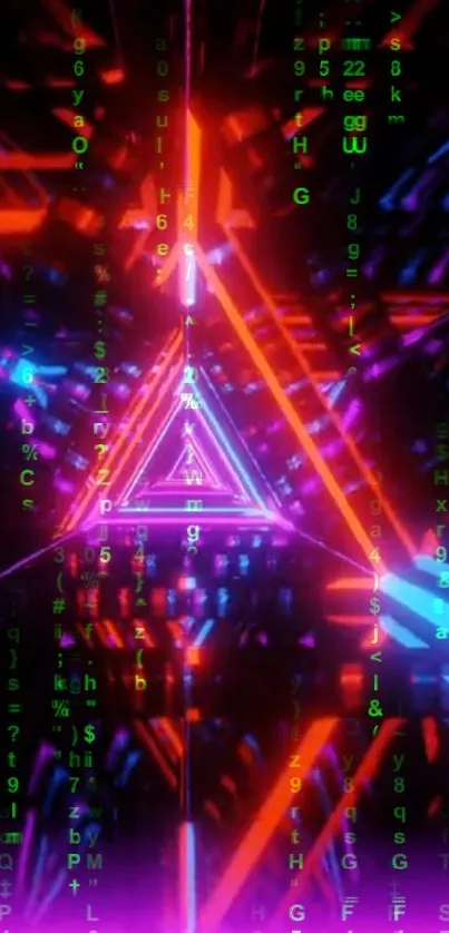 Neon triangle with matrix code in vibrant colors.