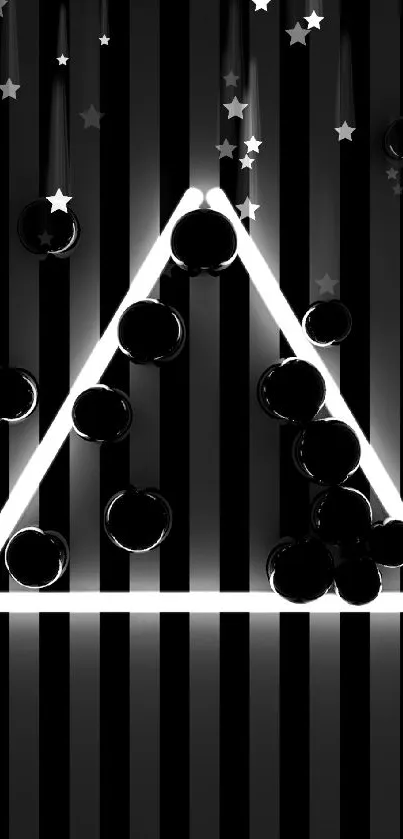 Black and neon triangle wallpaper with stripes and spheres.