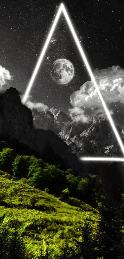 Neon triangle over a moonlit mountain landscape with lush green foreground.