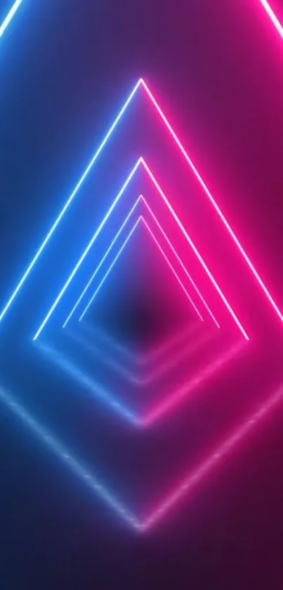 Neon triangle pattern with pink and blue glowing lines.