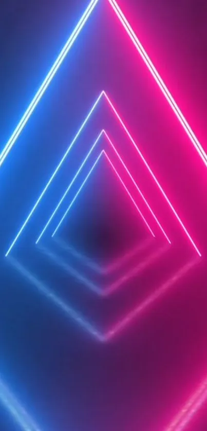 Neon triangle design with pink and blue lights on a smartphone wallpaper.