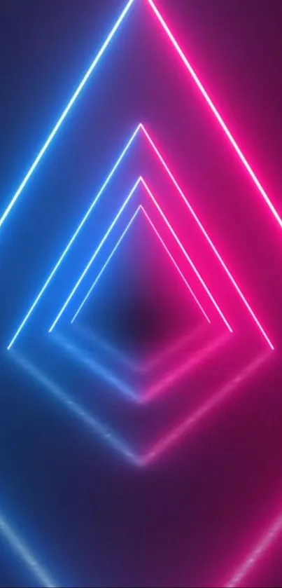 Vibrant neon triangle pattern with glowing pink and blue lines.