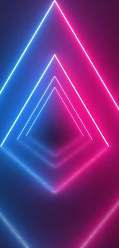 Neon triangle design with vibrant pink and blue lights on dark background.