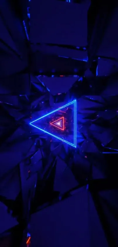 Neon triangle tech wallpaper in dark blue tones with futuristic design.