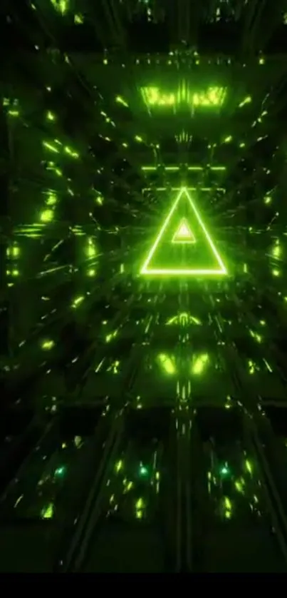 Futuristic neon triangle glowing in digital tunnel.