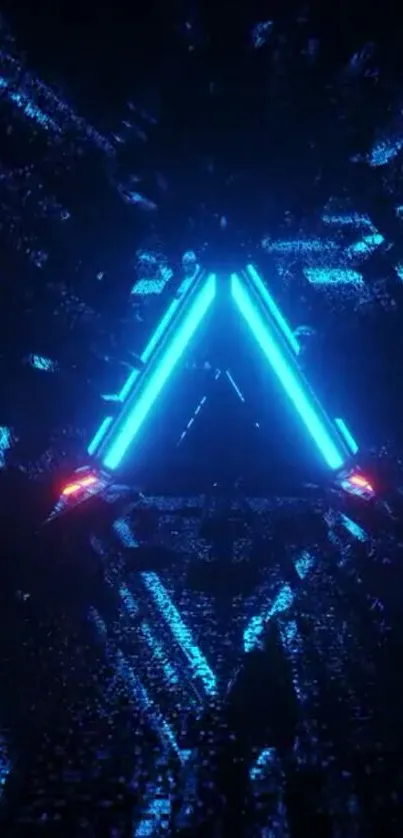 Futuristic neon triangle on dark wallpaper.