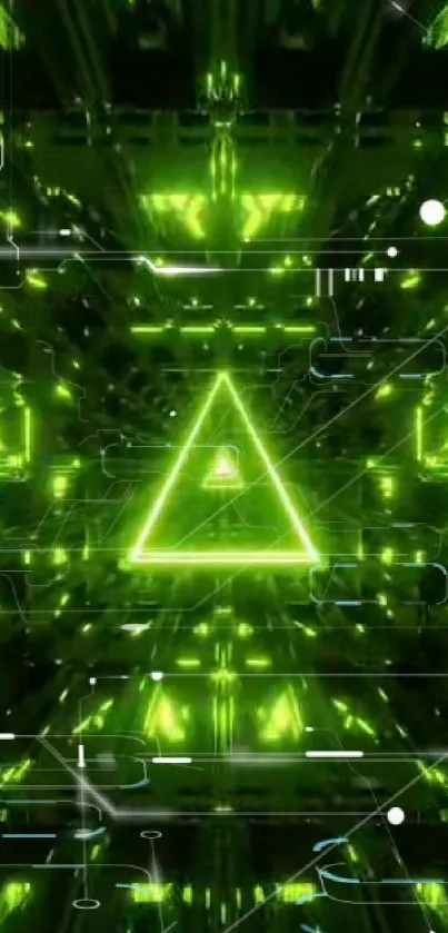 Neon green triangle with futuristic digital background.