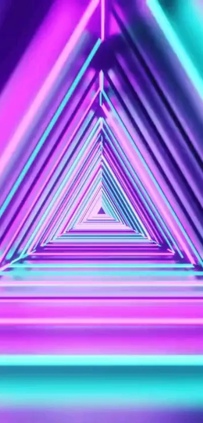 Neon triangle tunnel with vibrant purple and teal lighting.