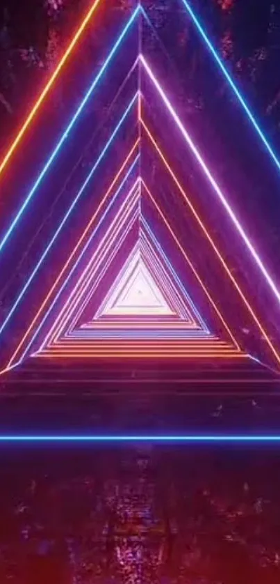 Colorful neon triangles forming a tunnel.