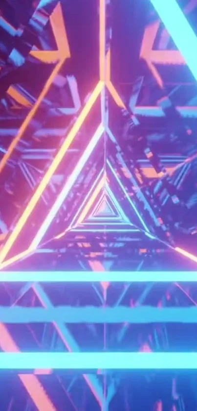 Futuristic neon triangle tunnel wallpaper with vibrant colors.