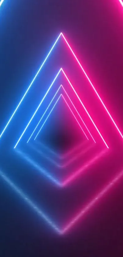 Neon triangle tunnel with blue and pink lights creating depth.