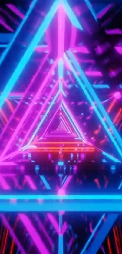 Neon pink and blue triangle tunnel wallpaper design.