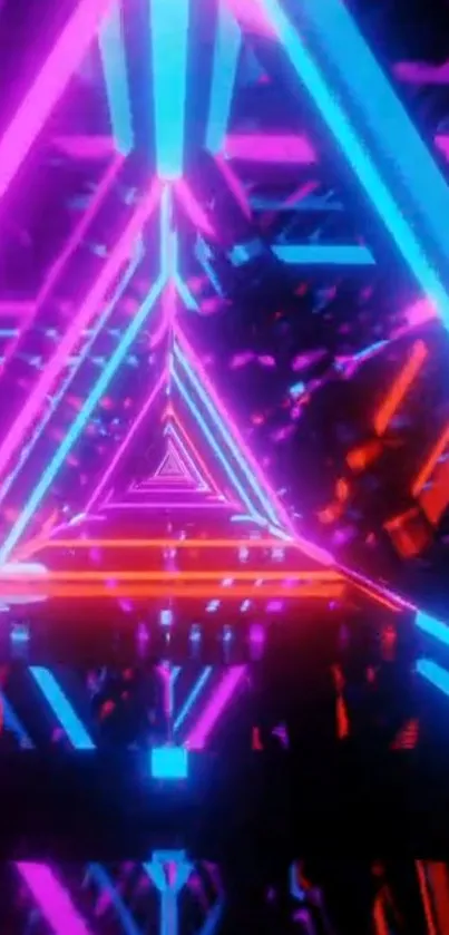 Dynamic neon pink and blue glowing triangle tunnel design.