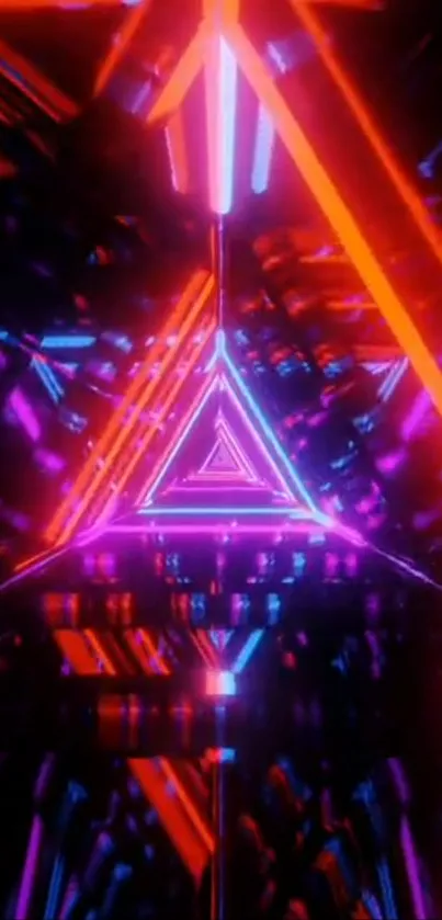 Futuristic neon triangle design with vibrant shades on a black background.