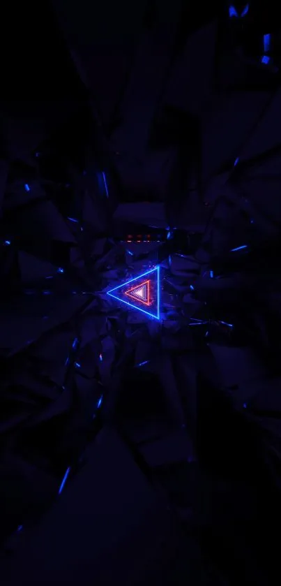 Abstract neon triangle wallpaper with dark blue vortex.