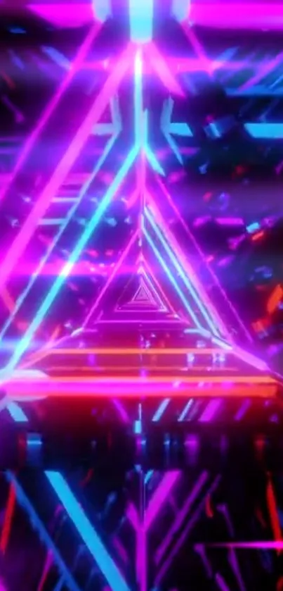 Vibrant neon triangle vortex with dynamic glowing lines.