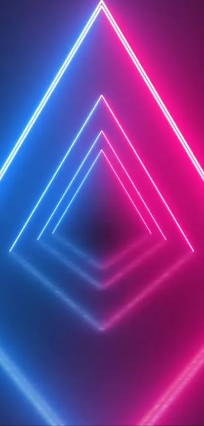 Neon triangle pattern with pink and blue lights on a dark background.