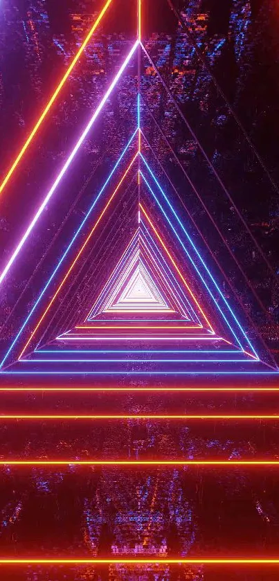 Vibrant neon triangle abstract wallpaper with red and blue lights.