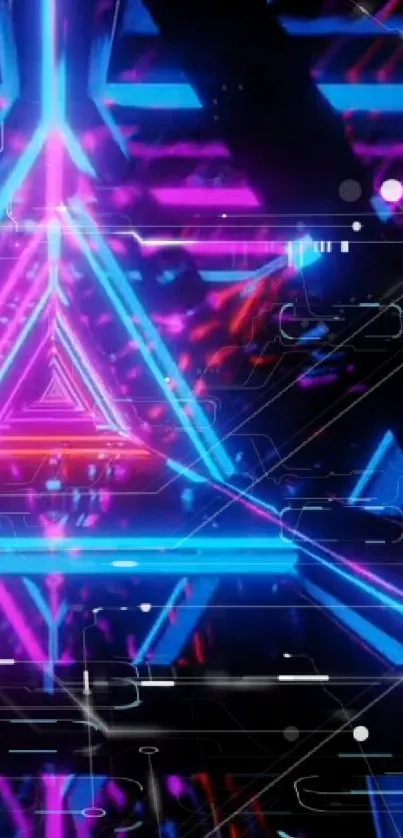 Futuristic neon triangle wallpaper with vibrant colors and tech elements.