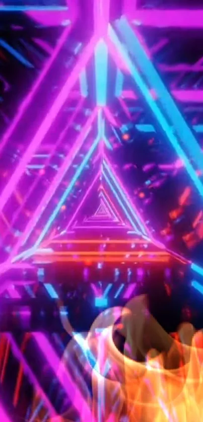 Neon triangles with vibrant flames and geometric light patterns.