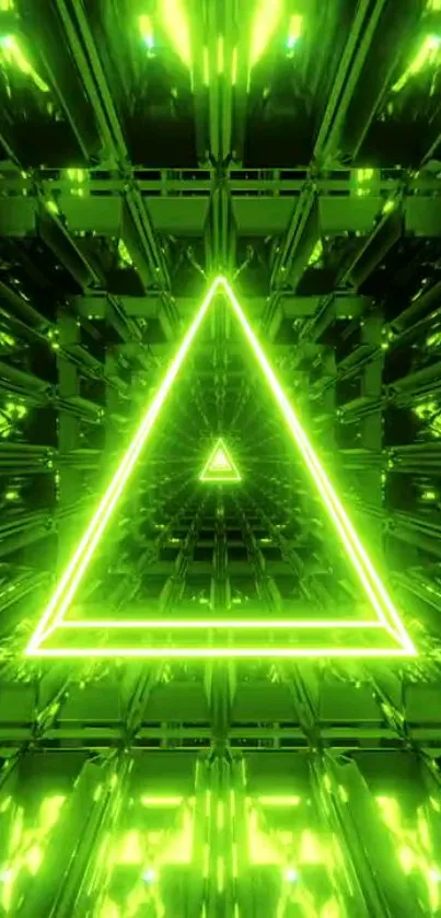 Vibrant neon green triangular abstract wallpaper with 3D effect.