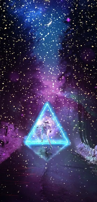 Futuristic neon triangle in cosmic scene with stars.