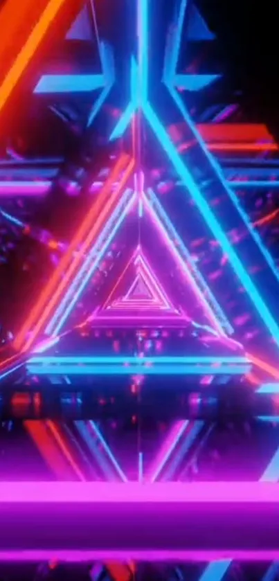 Vibrant neon triangular tunnel with pink and blue lights.