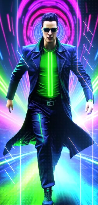 Neon green Tron-inspired wallpaper with a dynamic figure.