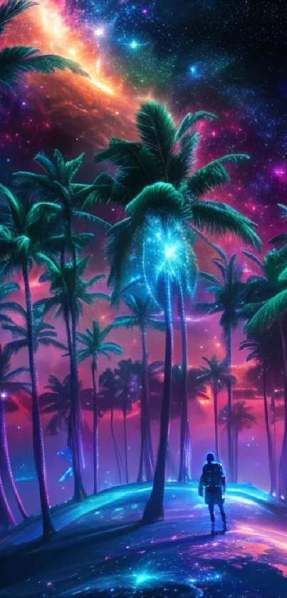 Neon tropical galaxy wallpaper with vibrant palm trees.