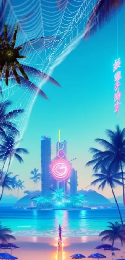 Neon tropical island with spider web and palm trees.