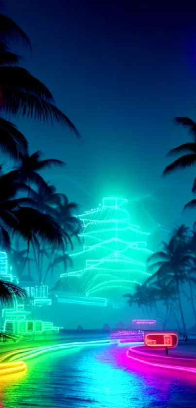 Neon-lit tropical scene with glowing palm trees and vibrant colors at night.