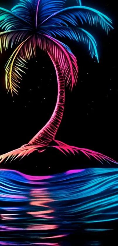 Neon palm tree and ocean under night sky.