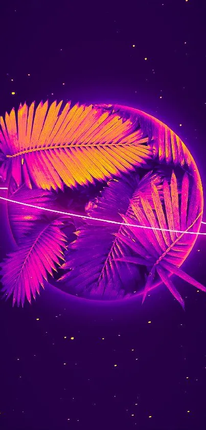 Neon tropical palm with purple galaxy background