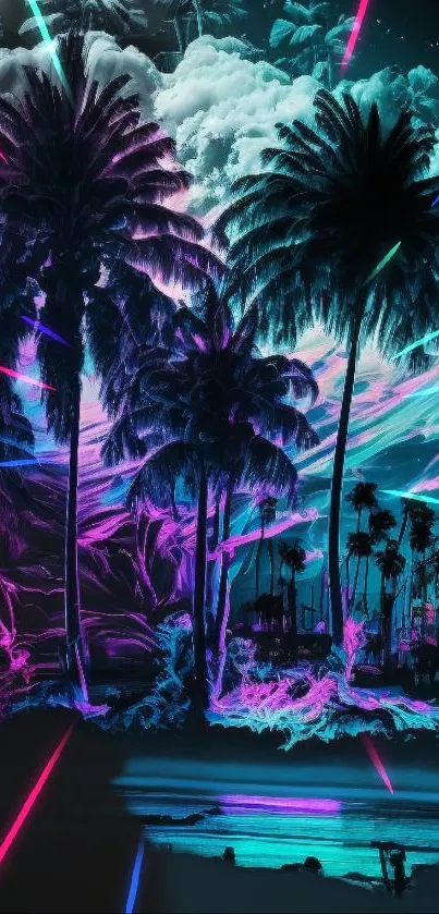 Neon palm trees with vibrant colorful sky in a tropical landscape.