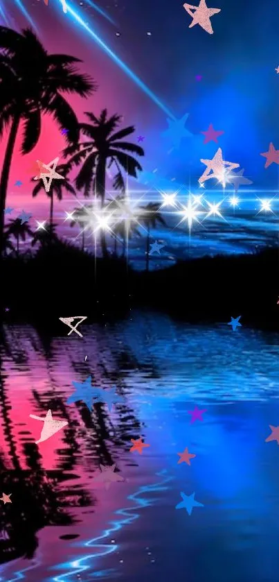 Neon tropical palm trees reflecting on calm blue waters at night.