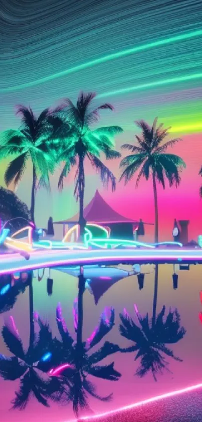 Neon tropical scenery with palm trees at sunset reflection.