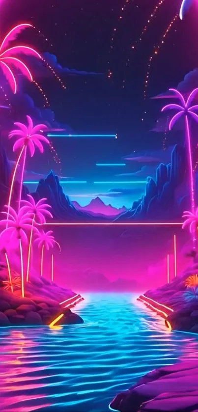 Neon tropical paradise with palm trees and mountains in vibrant colors.