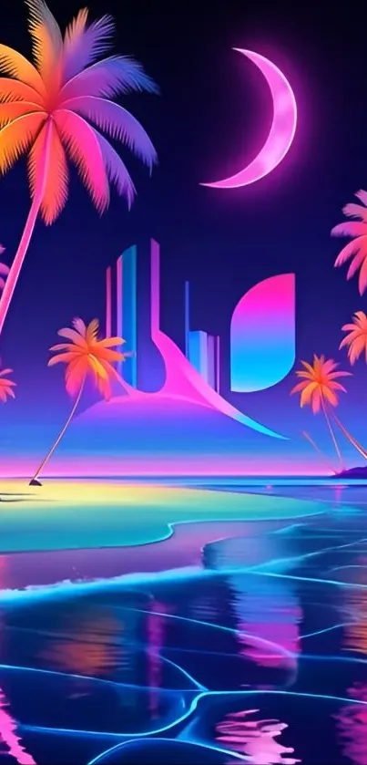 Neon tropical paradise with palm trees and moon.