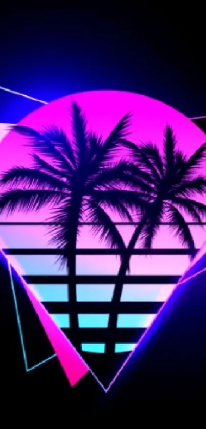 Neon palm tree silhouette on black background.