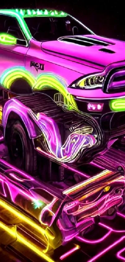 Neon truck art with vibrant colors and futuristic design on mobile wallpaper.