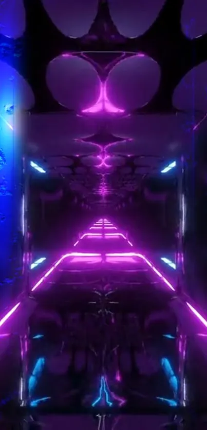 Futuristic neon tunnel with purple and blue lights.