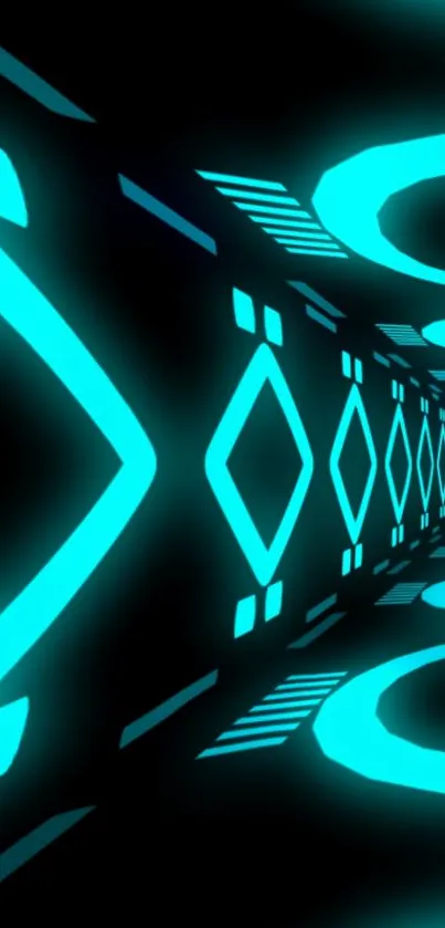 Abstract neon tunnel wallpaper with glowing turquoise patterns.